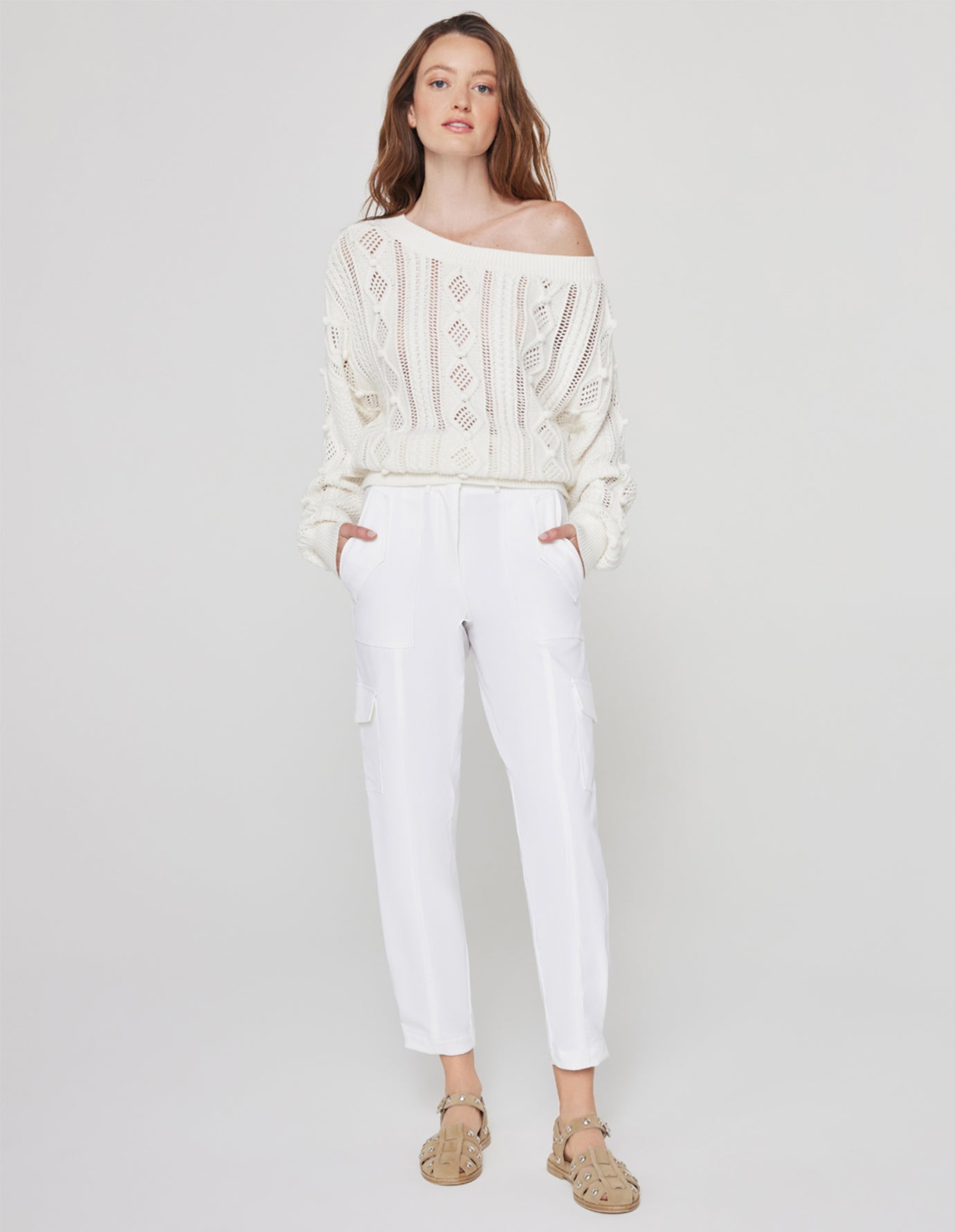 
                  
                    CABLE KNIT OFF THE SHOULDER SWEATER
                  
                