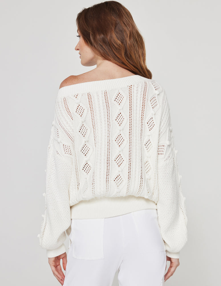 
                  
                    CABLE KNIT OFF THE SHOULDER SWEATER
                  
                