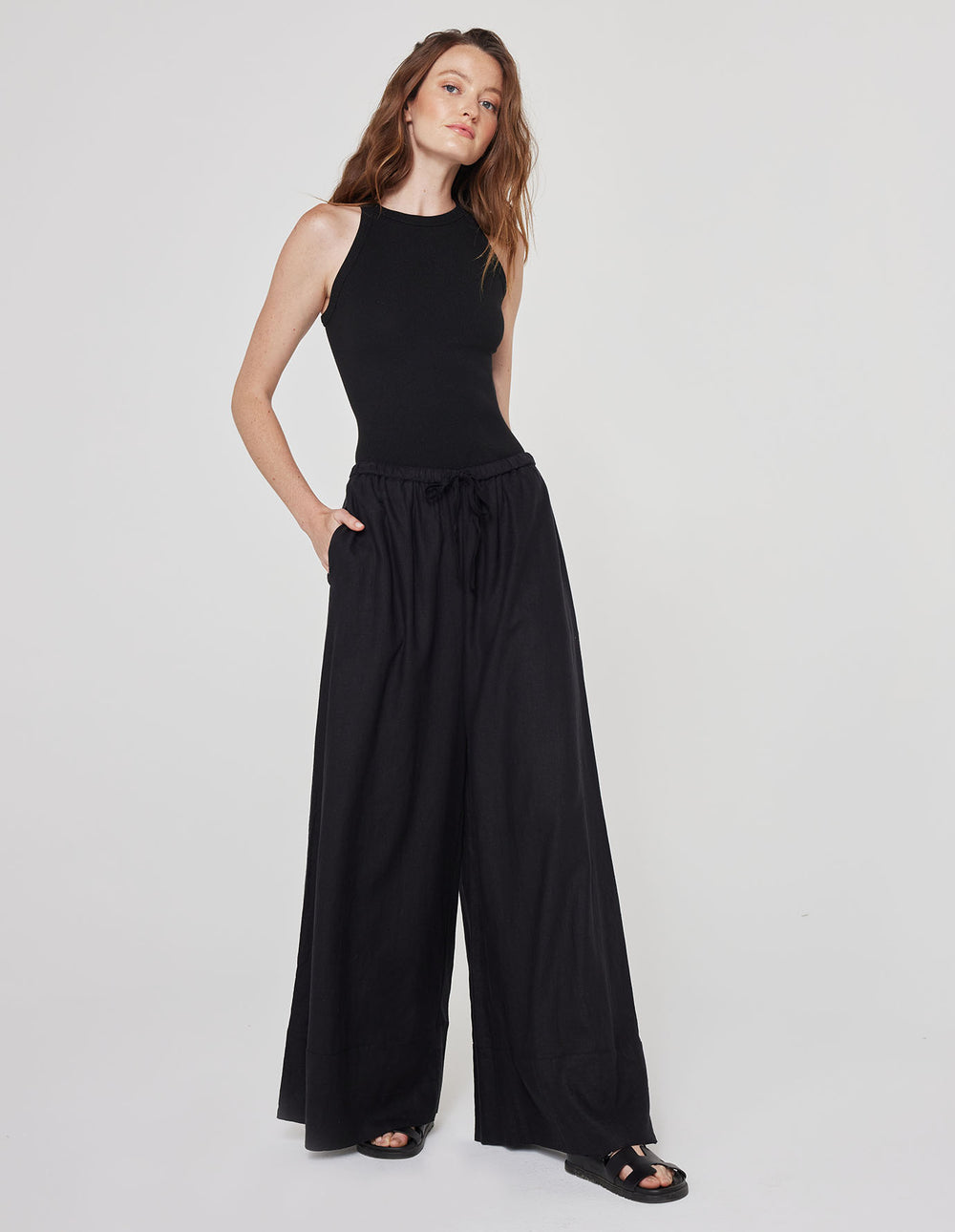 WIDE LEG LINEN PANT IN BLACK